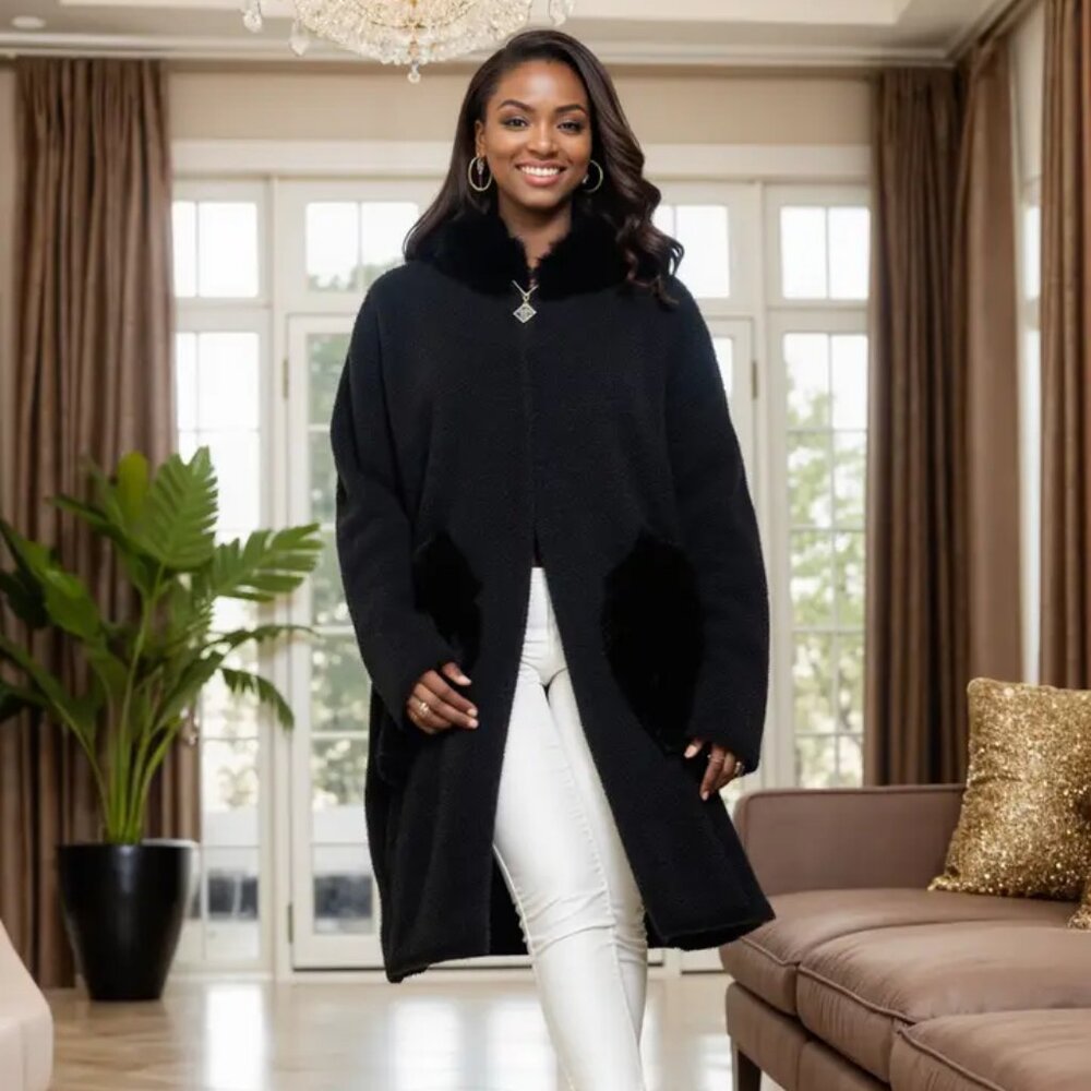 Women's Black Fur Hooded Sweater Coat - Kara Chic